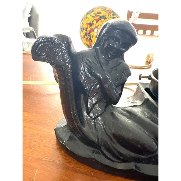 Antique Art NOVEAU Deco Lamp End of Day Glass Shade & Black Iron Base TESTED - Picture 9 of 10